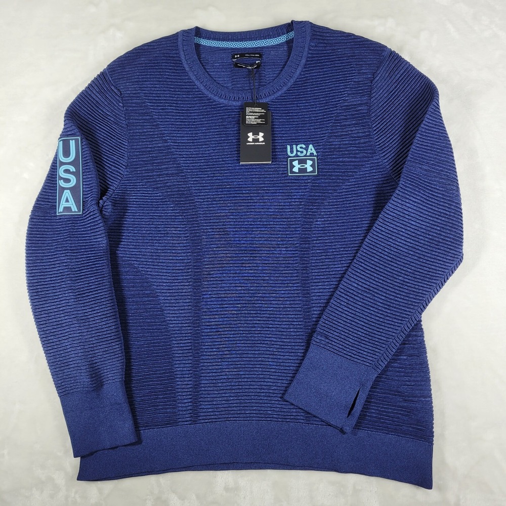 Under Armour Long Sleeve Textured Sweater Men's 2XL Blue USA Print Crewneck $150